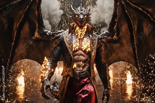 A dragon-human hybrid with glowing scales and powerful wings, wearing a legendary high-fashion outfit, walking on a fiery cinematic runway, sparks and smoke, epic lighting, slow motion, ultra realisti