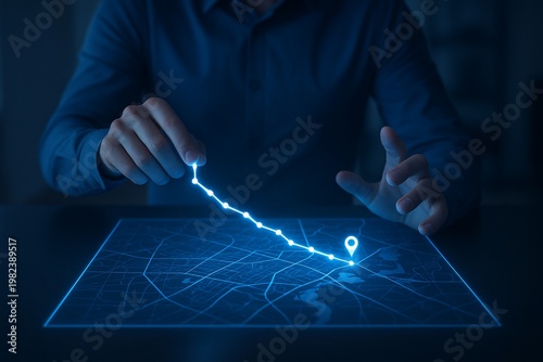 Businessman interacts with a futuristic digital city map displaying a glowing route and location pin. Concept of innovative logistics, smart navigation, urban planning, and high-tech delivery tracking