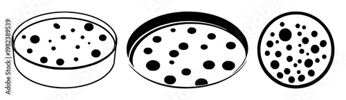 Petri dish set with solid black icon on white background featuring cell culture, microbiology, laboratory with bacteria and research