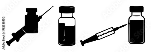 Vaccine vial and needle set with solid black icon on white background featuring biotech, illustrations, vector graphics with glyph and iconography