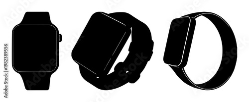 Smartwatch set with solid black icon on white background featuring fitness, wearable, smartwatch with icon design and monochrome