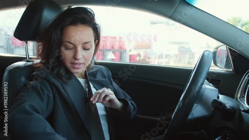 Woman in personal automobile ready to road, prepare for trip