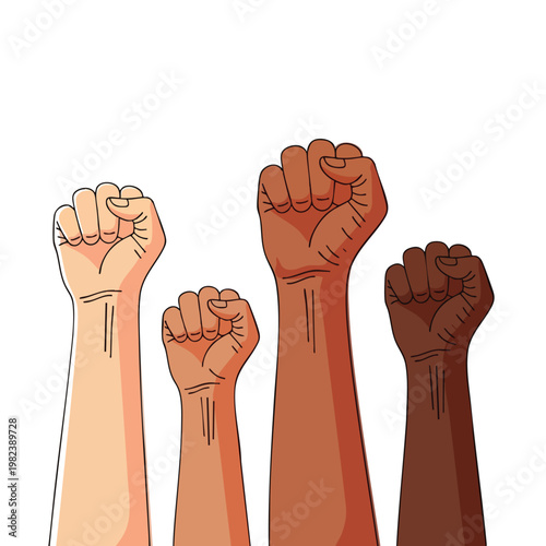 Diverse Group of Raised Fists Symbolizing Unity and Strength