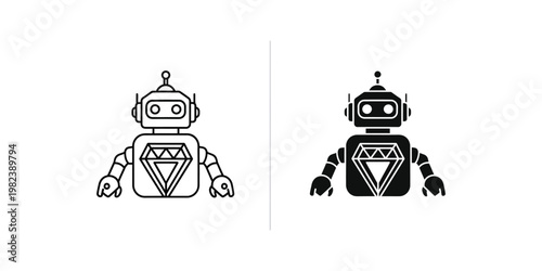 Two contrasting robotic characters with geometric design elements on their chests
