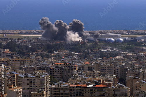 Obraz na płótnie Baabda, Lebanon - April 11 2026: Smoke rises following an Israeli strike on the