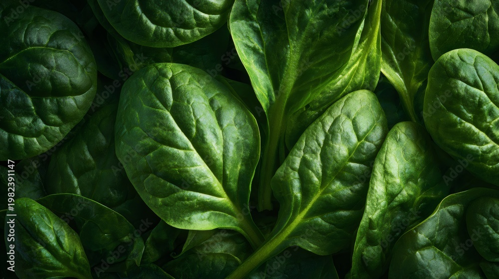Fototapeta premium Fresh green spinach leaves with water droplets. Closeup of organic vegetable symbolizing health and nutrition. Natural freshness concept for healthy eating and farming imagery in diet promotions.