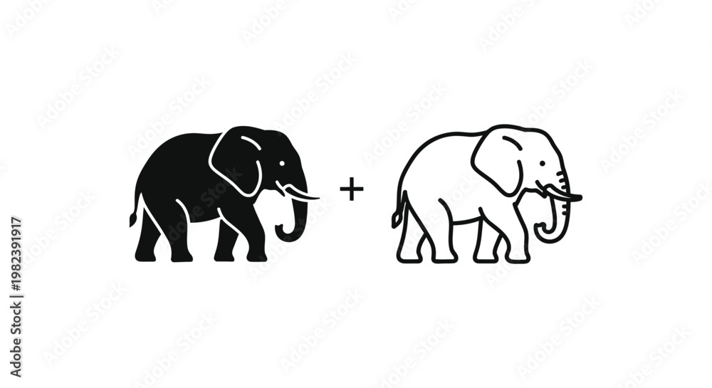 Fototapeta premium Black and white elephant icons, plus symbol, simple illustration, vector graphics