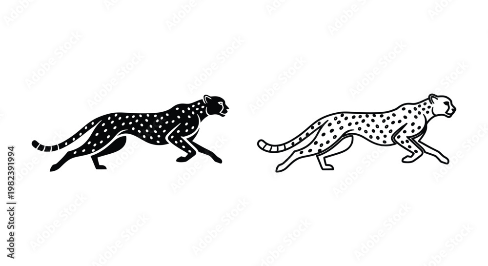 Obraz premium Cheetah icons, black and white cheetah illustrations, running cheetah vector set, animal design elements