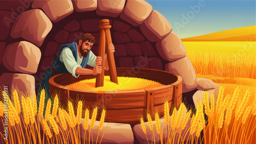 Ancient farmer grinding grain in stone mill beside golden wheat field, biblical harvest scene, rustic rural vector illustration