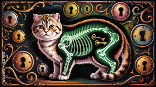Surreal cat anatomy illustration with glowing skeleton, vintage keyholes, hidden keys and whimsical fantasy gothic frame