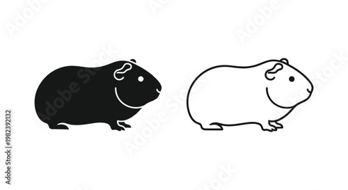 Cute guinea pig icons, black and white vector illustrations, pet animal symbols, simple line art