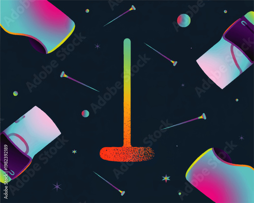 Abstract geometric golf sports composition featuring a central gradient putter club floating tees and stylized cups on a dark starry background