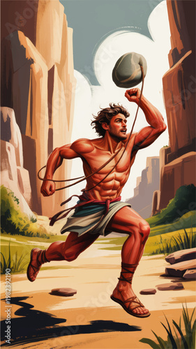Mythological hero running through canyon with sling and stone, dramatic ancient warrior illustration in desert landscape