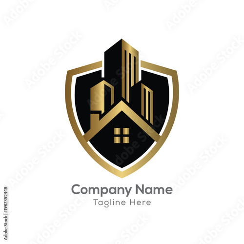 Shield logo with gold buildings and house silhouette real estate white