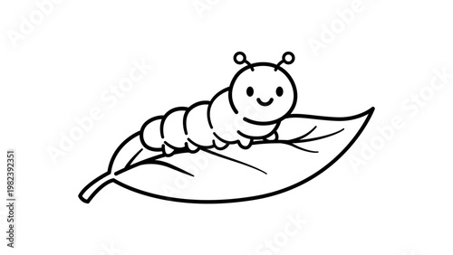 Foto Cute smiling caterpillar on a leaf minimalist black line vector icon