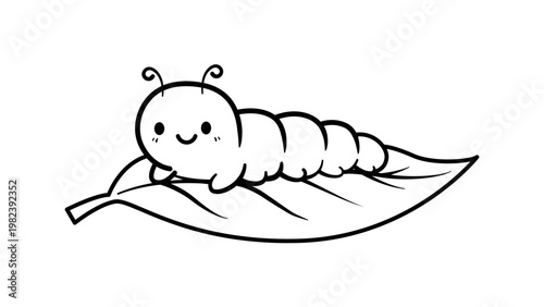 Minimalist Cute Caterpillar on a Leaf Black Line Vector Icon Illustration with Editable Stroke. Hand-Drawn Outline Graphic for Nature, Garden, and Kids Design, Scalable SVG on White Background.