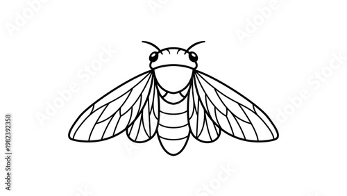 Minimalist black line vector icon of a cicada insect, hand-drawn outline illustration on white background, scalable graphic for nature, summer, and biology design projects, simple bug symbol.
