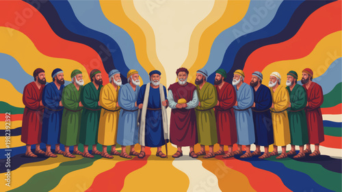 Biblical loaves and fishes miracle illustration with Jesus and disciples in colorful retro style spiritual faith scene