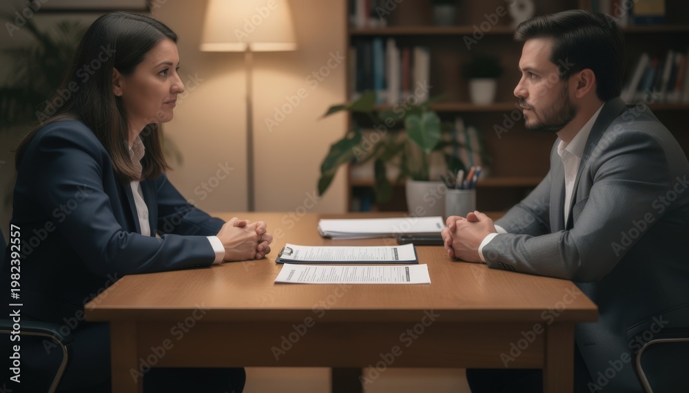Fototapeta premium Insurance agent reviewing life insurance policy with client in cozy office document edges in focus softfocus surroundings enhancing intimate consultation vibe.