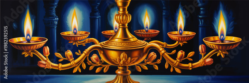Glowing Golden Oil Lamp Candelabra with Sacred Flames in Dark Temple Interior, Spiritual Festival Illustration