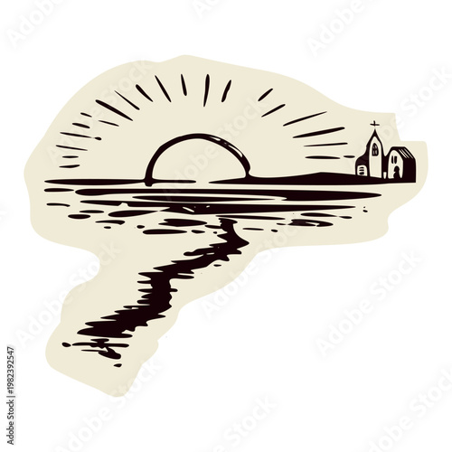 Pilgrimage scene of little monastery church on the pilgrims way route. Black and white simple hand drawn illustration for religious faith based icon