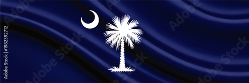 Waving South Carolina State Flag with Palmetto Tree and Crescent Moon on Blue Fabric, Detailed Patriotic Banner Illustration