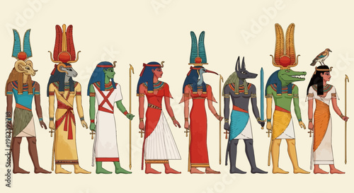 Ancient Egyptian Gods Pantheon Gods and Goddesses Lineup Illustration