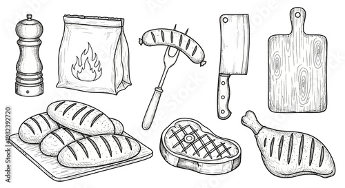 Barbecue Food and Tools Sketch: Steak, Sausage, Chicken Leg, Bread, Grill, Knife, Cutting Board