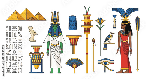 Ancient Egyptian Symbols and Figures: Pyramids, Gods, Hieroglyphs, and Artifacts