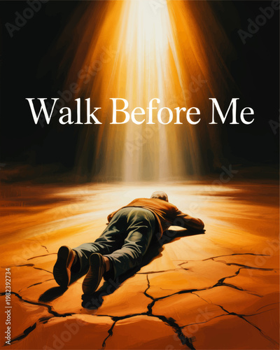 Man Praying Under Heavenly Light With Walk Before Me Text, Spiritual Faith Illustration of Guidance, Worship, Hope and Devotion