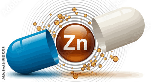 Zinc supplement capsule open, showing Zn element symbol and small particles, health concept
