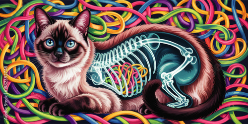 Surreal Siamese cat anatomy illustration with visible skeleton and colorful tangled tubes in vibrant psychedelic pop art style
