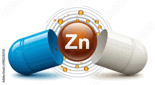 Zinc supplement capsule, Zn element symbol, health and nutrition concept, medical supplement, dietary supplement