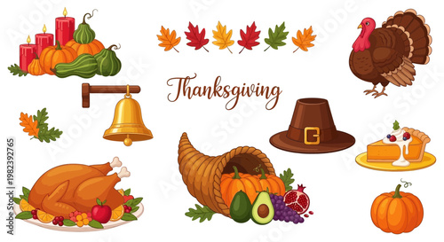 Thanksgiving Feast Elements: Turkey, Pie, Cornucopia, Pumpkins, and Fall Leaves