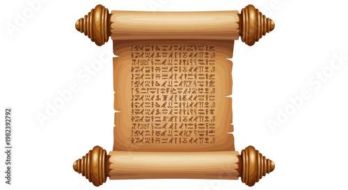 Ancient Scroll with Hieroglyphs and Ornate Wooden Rollers