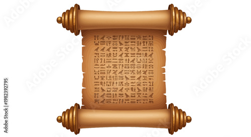 Ancient Scroll with Hieroglyphs, Old Papyrus Document, Egyptian Writing, Vintage Scroll
