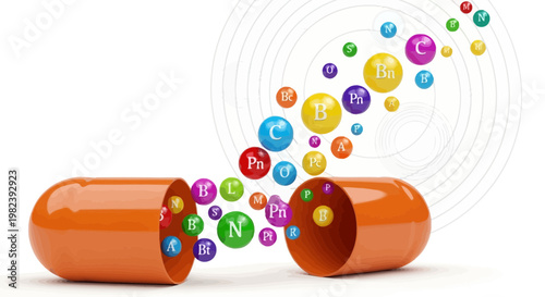 Open Capsule Releasing Colorful Vitamin Pills and Nutrients, Health and Wellness Concept
