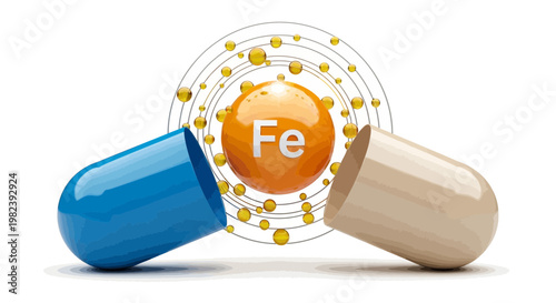 Iron supplement capsule with Fe symbol and atomic structure, medical concept