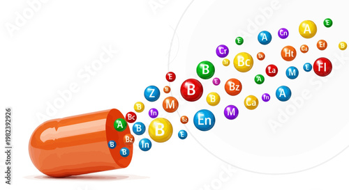 Vitamins and Minerals Capsule Exploding with Colorful Spheres, Health and Nutrition Concept