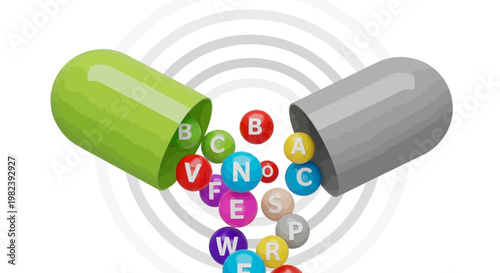 Open Capsule Spilling Colorful Vitamin Pills with Letters