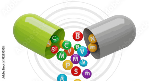 Open Capsule Spilling Colorful Vitamin Pills with Letters