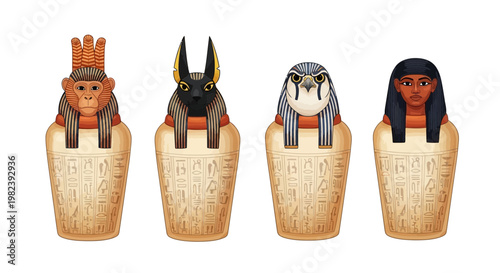 Four Egyptian Canopic Jars with Animal and Human Heads on White Background
