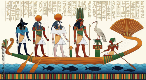 Ancient Egyptian Gods Procession on Nile Boat with Hieroglyphs and Fan