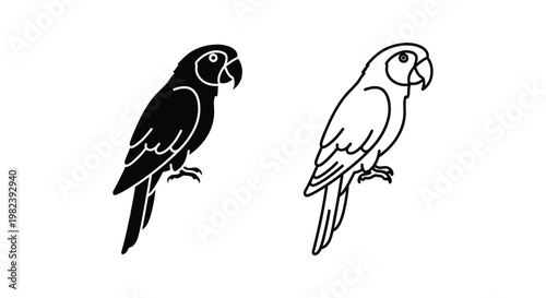 Parrot, black and white illustration, parrot icons, bird silhouettes, vector graphics