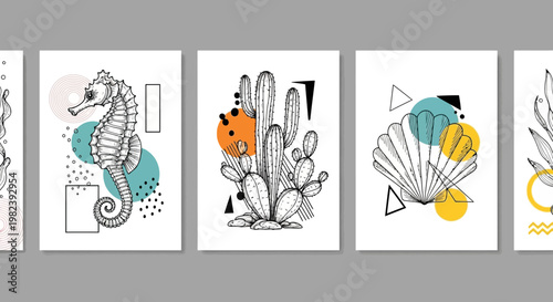 Abstract Sea Life and Cactus Art Prints: Seahorse, Shell, Cactus, Botanical Line Drawings