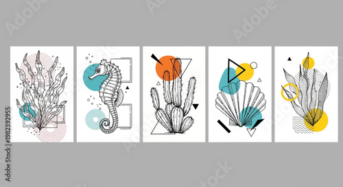 Abstract Geometric Sea Life and Plant Illustrations Set