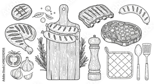 Hand-drawn BBQ Food and Utensils: Grilled Meats, Sausages, Vegetables, and Cooking Tools