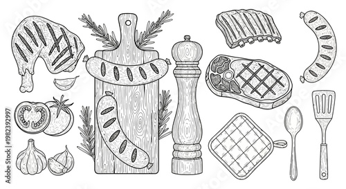 Hand-Drawn Barbecue Food and Utensils Sketch: Grilled Meats, Sausages, Vegetables, and Spices