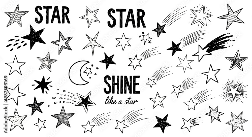 Obraz premium Hand Drawn Stars and Moon Doodles, Shooting Stars, Wishes, Sparkle, Celestial Elements
