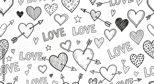 Hand Drawn Hearts and Love Text Seamless Pattern, Valentine's Day Doodle Background